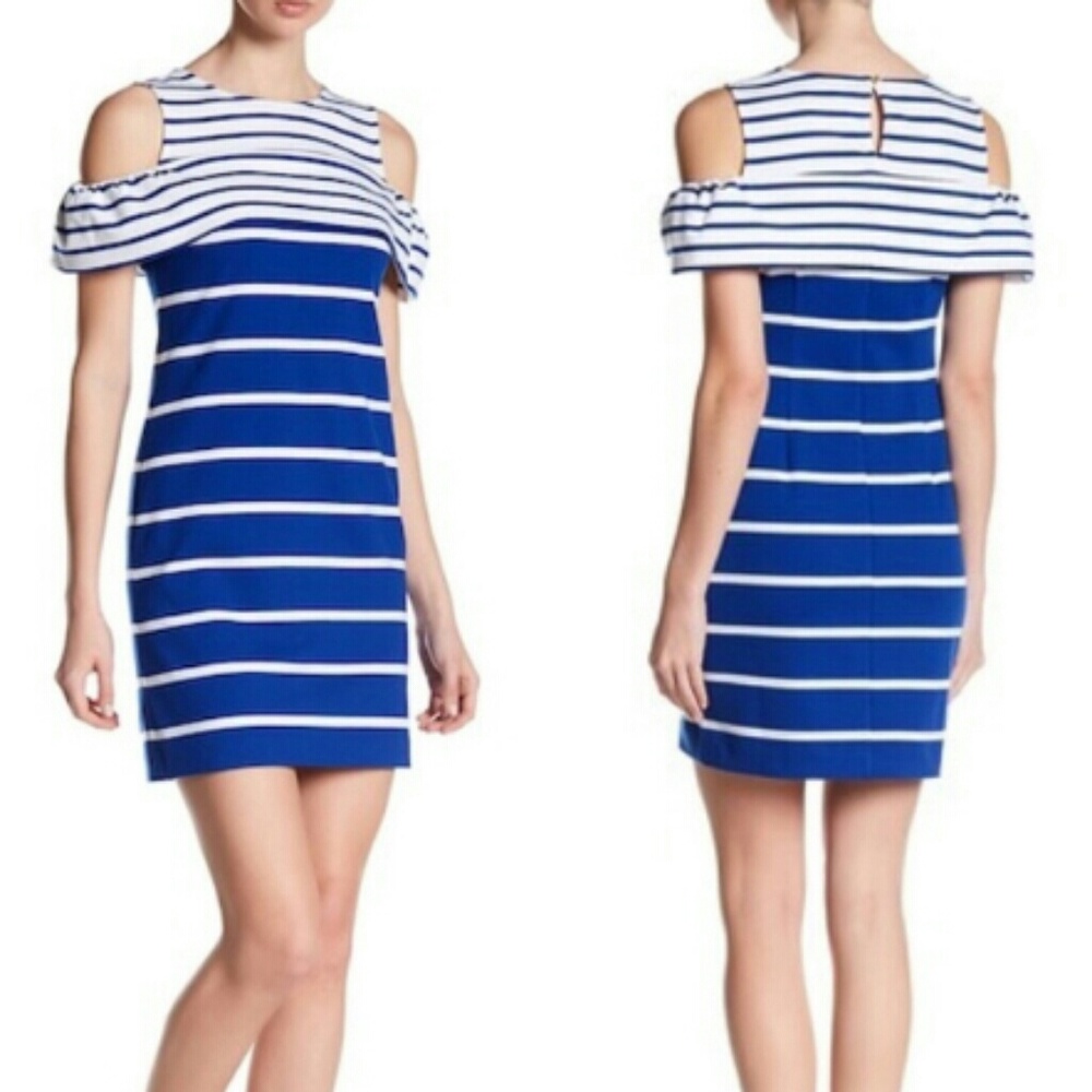 Vince Camuto cold shoulder striped white blue dress women’s Size 4